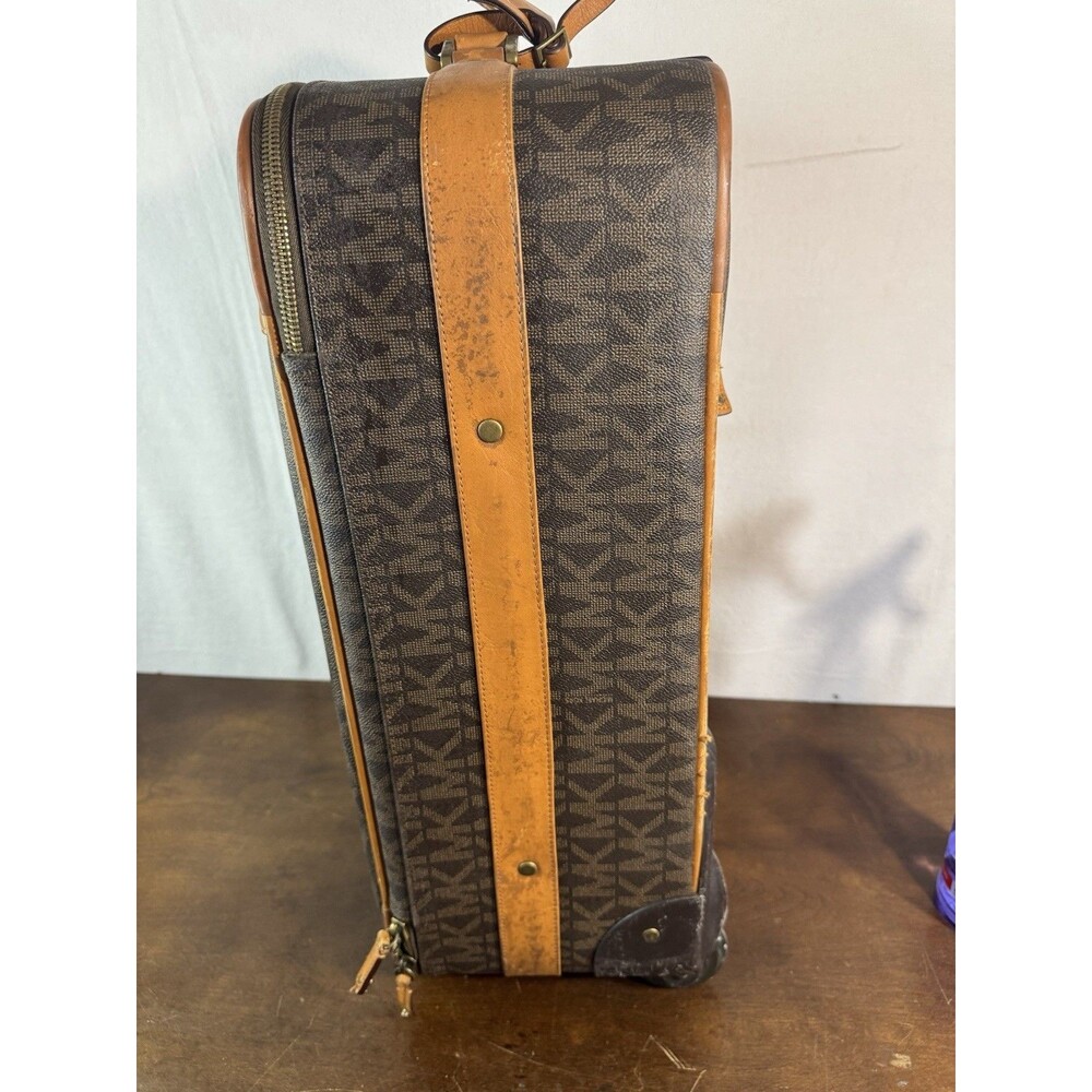 Vintage Michael Kors MK Monogram Rolling Carry-On Suitcase Faux Leather Brown - Picture 4 of 11